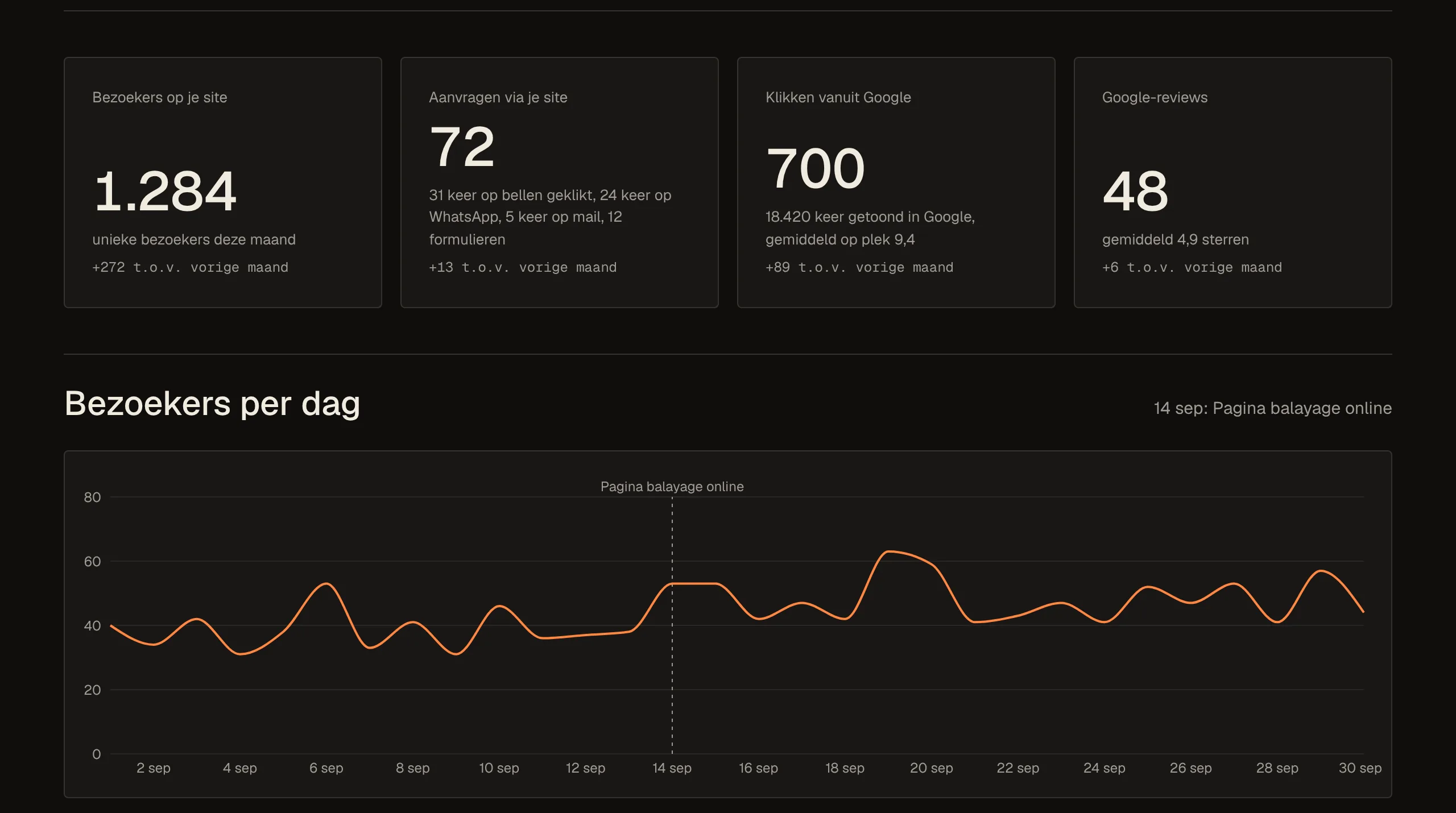 Voorbeelddashboard met aanvragen, klikken vanuit Google en een grafiek van bezoekers per dag